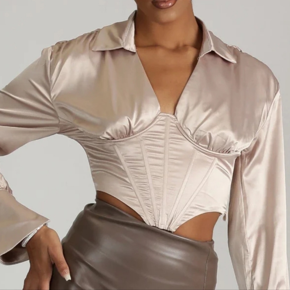 Chic Satin Blouse in Tan